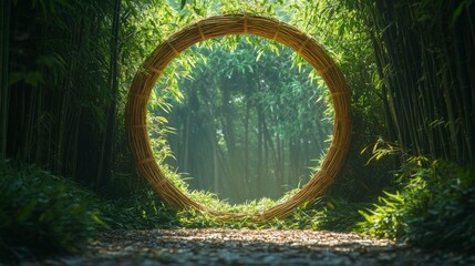 A woven circular portal sits within the green bamboo forest