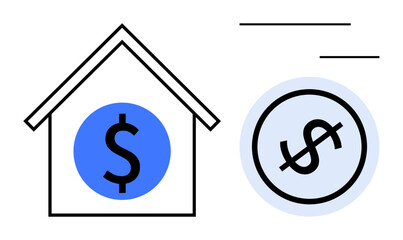 House outline with blue dollar sign, circular dollar icon, and motion lines. Ideal for real estate, investment, mortgage, savings, wealth financial growth banking concepts. Flat simple metaphor