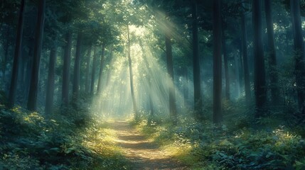 Naklejka premium Forest trail with sunlight filtering through tall trees