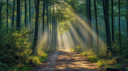 Obraz premium Forest trail with sunlight filtering through tall trees