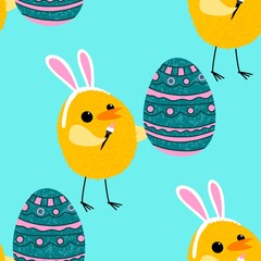 Easter chicken and eggs seamless birds pattern for wrapping paper and fabrics