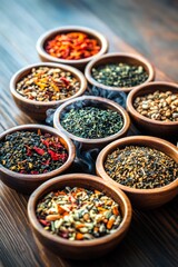 Fototapeta premium Aromatic Symphony Assorted Dry Herbal Tea Blends in Wooden Bowls, A Cozy Beverage Selection.