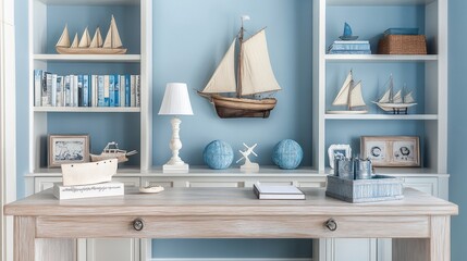 Nautical themed home library with wooden desk. Possible use Interior design stock photo