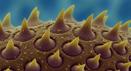 Microscopy Close-Up of Pollen and Spores Showing Surface Texture and Detailed Structure in Botany Science