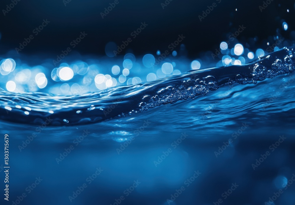 Poster serene close-up of water surface with gentle waves and sparkling bokeh reflections in deep blue colo