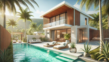 Modern tropical villa with a sleek design, infinity pool, and lush palm trees.