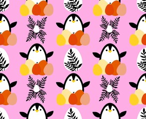 Easter animals seamless penguin and eggs pattern for wrapping paper and fabrics and linens and spring kitchen textiles