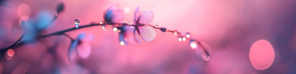 Fototapeta premium Dazzling Pastel Colors Romantic Macro Purple Wildblooms Adorned with Brilliant Rain Dew Drops