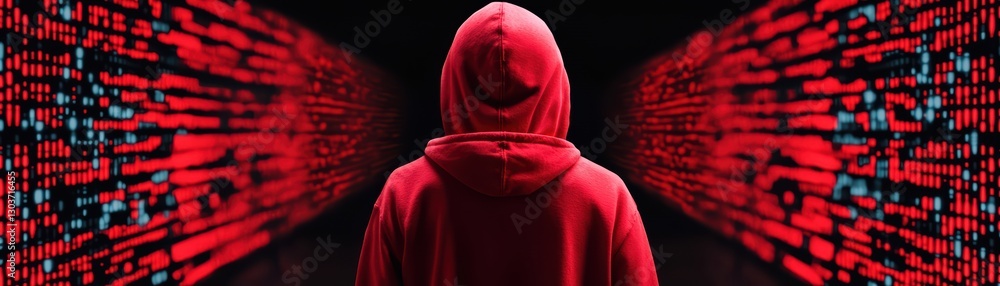 Poster expert analyzing cybersecurity data in a dark environment with red digital patterns