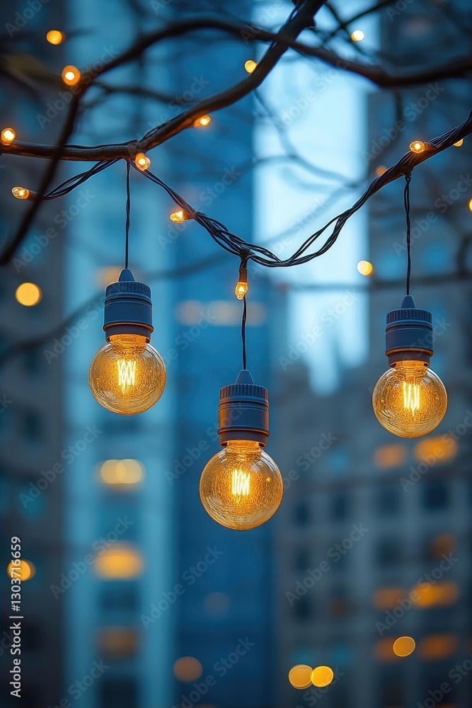 Poster decorative string lights hanging from branches in an urban setting with blurred buildings
