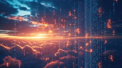 Obraz premium Data Transfer on Clouds at Sunset - Cloud File Concept