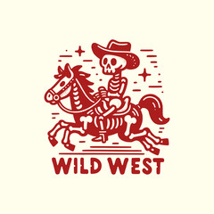 Wild West Skeleton Cowboy Riding a Horse with a Gun Retro Western Skull Outlaw Illustration