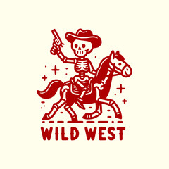Wild West Skeleton Cowboy Riding a Horse with a Gun Retro Western Skull Outlaw Illustration