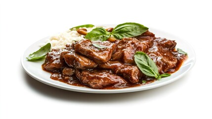 Tender Beef Strips Glazed with Rich Sauce Served on White Plate with Fresh Basil Garnish