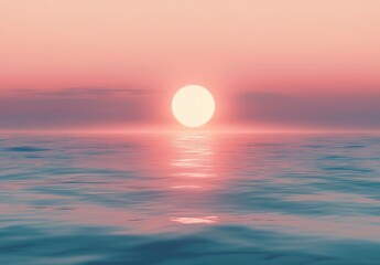 Obraz premium Serene Twilight Over Calm Ocean Waters with Radiant Sun and Soft Colorful Sky Reflections Natural Beauty at Dusk