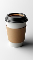 A steaming cup of coffee in a disposable paper cup on a minimalistic background