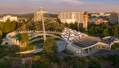 Aerial view of Spokane's Riverfront Park, featuring the iconic Pavilion and Clocktower. The park is...