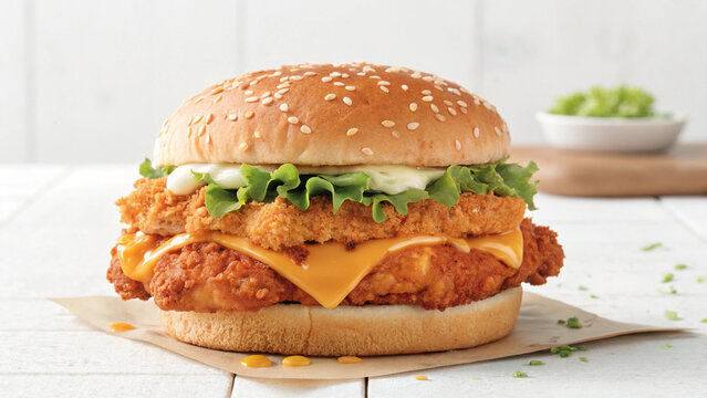 "A mouthwatering Zinger burger with a spicy, crispy chicken fillet, melted cheese, fresh lettuce, and creamy sauce, placed on a white background with soft lighting."
