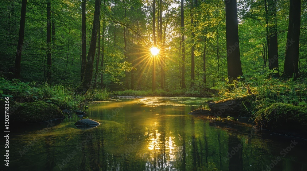 Poster sunlit stream flows through lush forest, creating a serene atmosphere. ideal for nature, tranquility