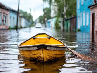 Obraz premium Flooded Streets with Submerged Vehicles and a Yellow Boat in Chaotic Urban Environment