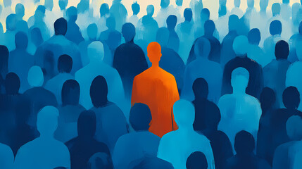 Unique figure in a sea of blue: a striking visual representation of individuality and standing out amidst a crowd, symbolizing uniqueness and identity in society. Journey - Path. Illustration