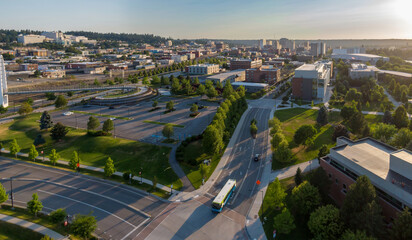 Aerial view of Spokane, Washington, showcasing the city's urban landscape in University District...