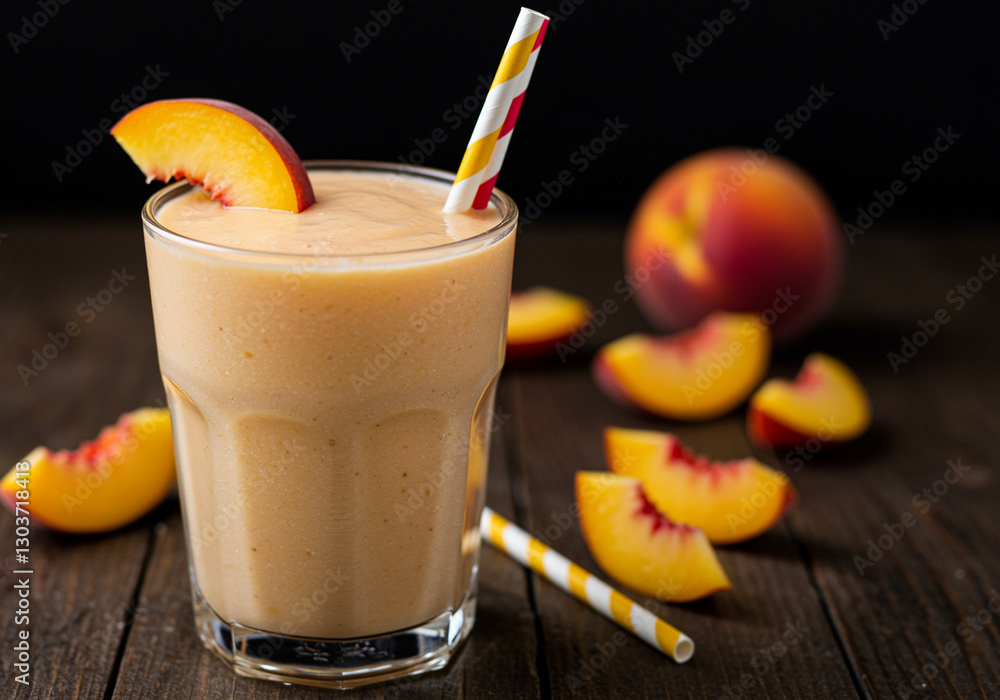Poster peach smoothie with straw and peach slices. peach smoothie in glass with straw and peach slices on w