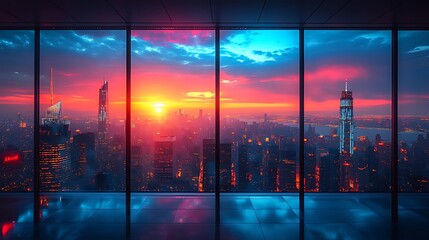 Cityscape sunset view from modern office