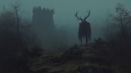 Dark forest with eerie antlered figure and ruined castle