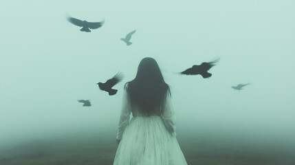 Mysterious woman in fog with crows