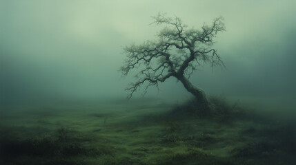 Lonely twisted tree in foggy landscape