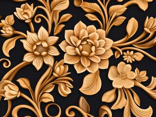 Elegant Golden Thai Swirling Floral Pattern on Black Canvas for Unique Art Decor