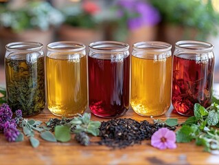 Fototapeta premium Five jars of colorful herbal teas displayed on a wooden table surrounded by fresh herbs and flowers