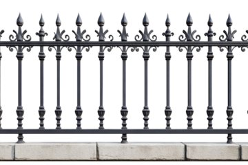 Intricate wrought iron fence with decorative spikes against a neutral background isolated on transparent background