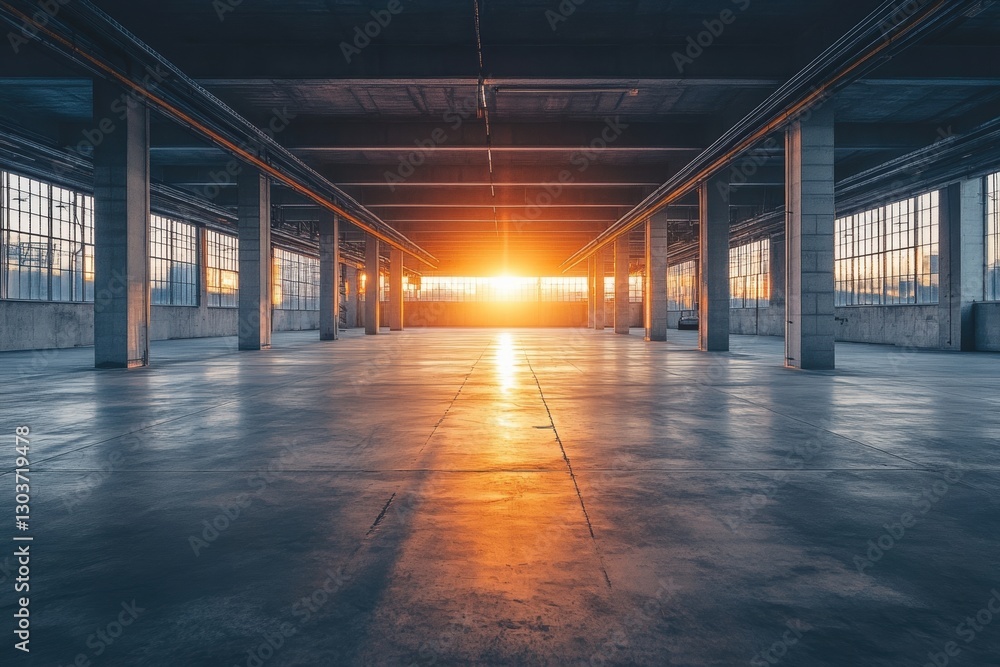 Poster vast empty warehouse at sunset, sunlight streams through large windows. ideal for concepts of indust