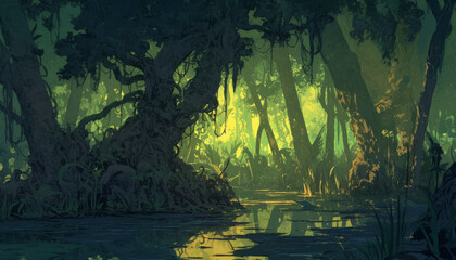Mysterious swamp forest with ancient trees and glowing light