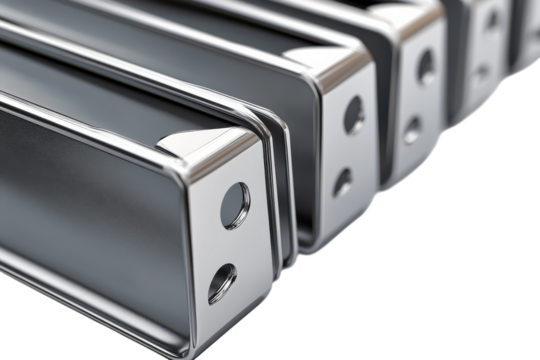 Shiny metallic file holders neatly aligned on a white surface during an organized office setup isolated on transparent background