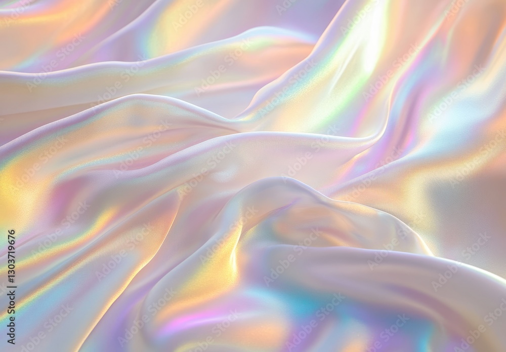 Poster soft and ethereal holographic fabric texture with smooth flowing waves and iridescent color palette 
