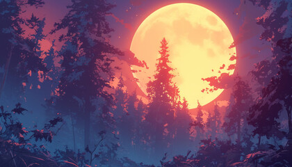 Mysterious forest with glowing full moon and eerie atmosphere