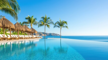 Obraz premium Stunning Infinity Pool Overlooking Tropical Beach at Luxury Resort under Clear Blue Sky