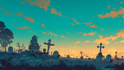 Fototapeta premium Mysterious graveyard at sunset with ancient tombstones and eerie atmosphere
