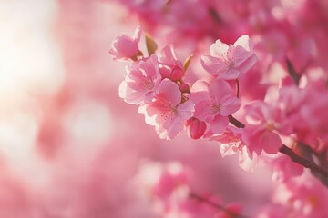 Delicate pink cherry blossoms in bloom, sunlight filtering through petals. Perfect for spring themes, websites, or feminine designs.
