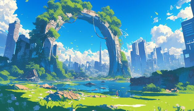 Futuristic overgrown city ruins with giant arch and lush nature