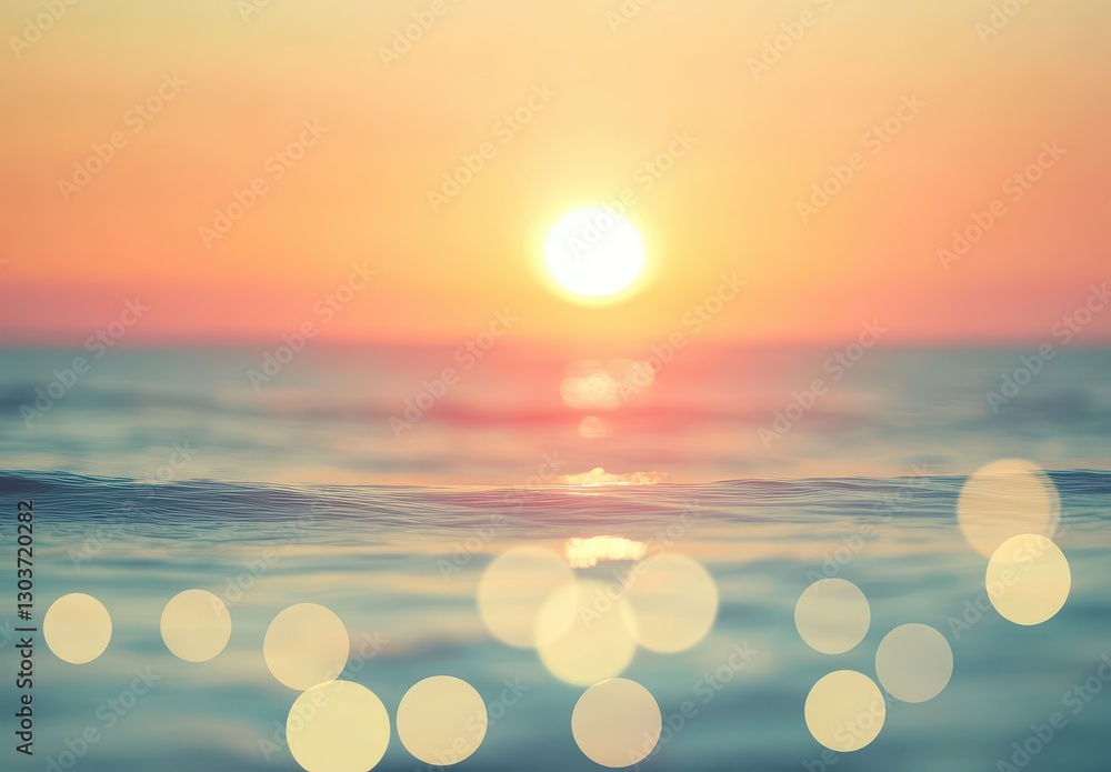 Poster soft sunset over calm ocean waves with beautiful bokeh effect in warm tones creating a serene and pe