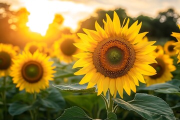 sunflower field, with vibrant yellow heads tracking the afternoon sun