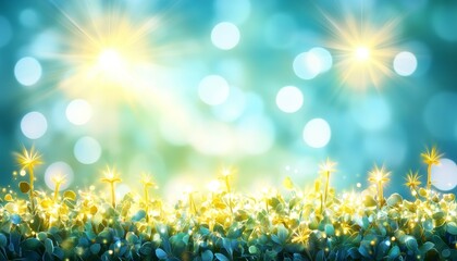 Obraz premium Sparkling Green Grass With Golden Bokeh Lights, Abstract Natural Background For Spring Or Summer