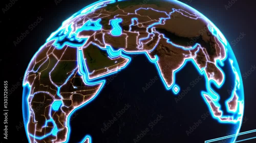 Aufkleber rotating digital globe with glowing blue outlines of continents and countries against a black backgr