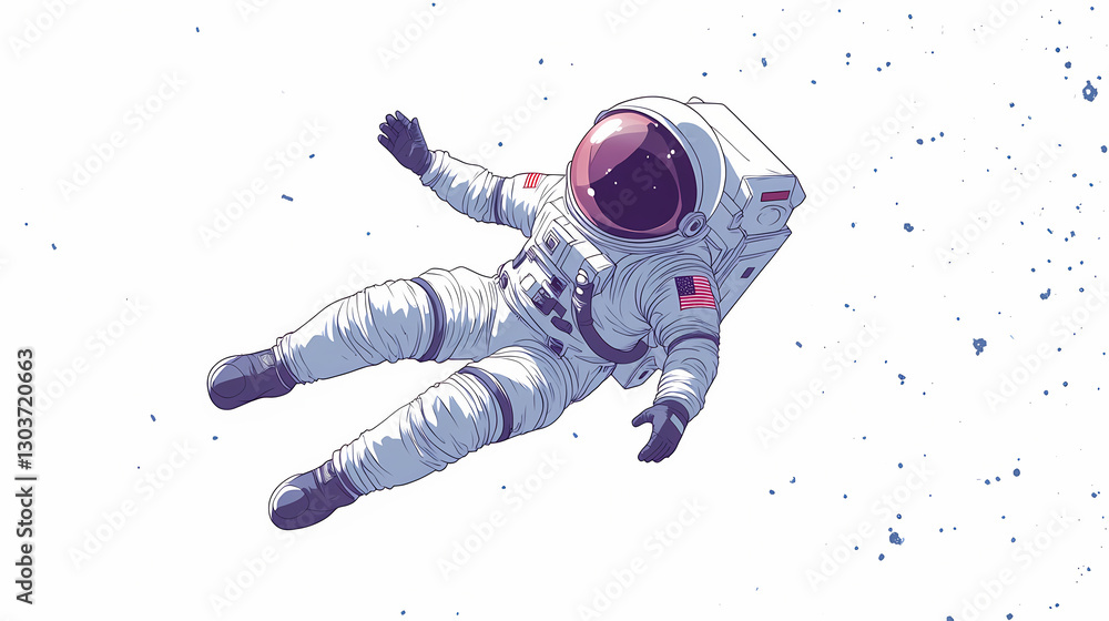 Wall mural a cartoon astronaut joyfully floating in zero gravity against a white backdrop, exploring the vastne