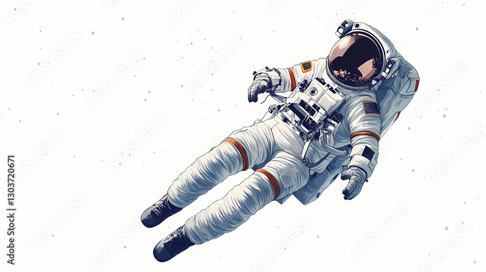 Wall mural a cartoon astronaut joyfully floating in zero gravity against a white backdrop, exploring the vastne