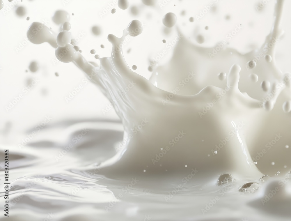 Poster splash of fresh white milk with droplets creating artistic patterns against soft white background in